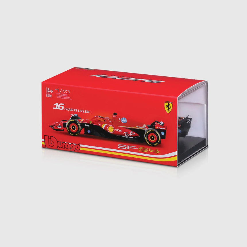 Model samochodu Ferrari, Charles Leclerc, SF-24, pudełko akrylowe, bburago, czerwony