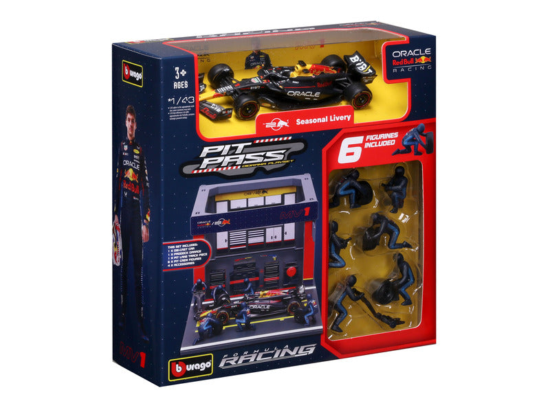 Zestaw modelarski Red Bull Racing, przepustka pitowa, BBURAGO, skala 1:43, Max Verstappen, nr 1, RB19