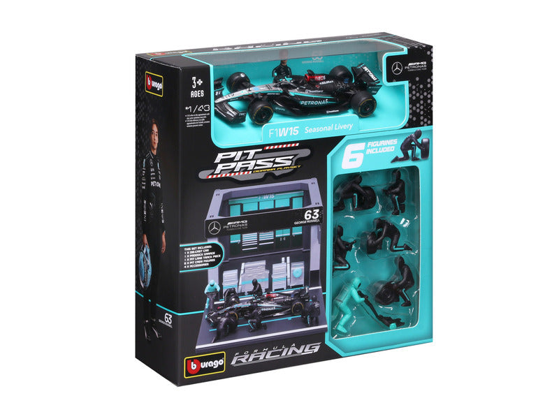 Zestaw modelarski Mercedesa, przepustka pitowa, Bburago, 1:43, George Russell, nr 63, W15 E