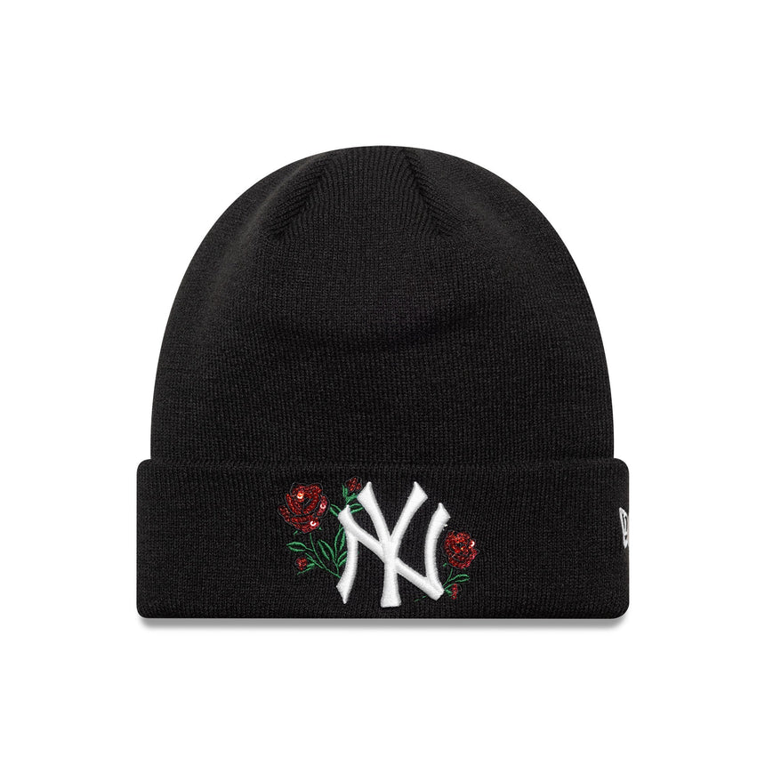 czapka zimowa New York Yankees, róża z cekinów, dla kobiet New Era, czarna