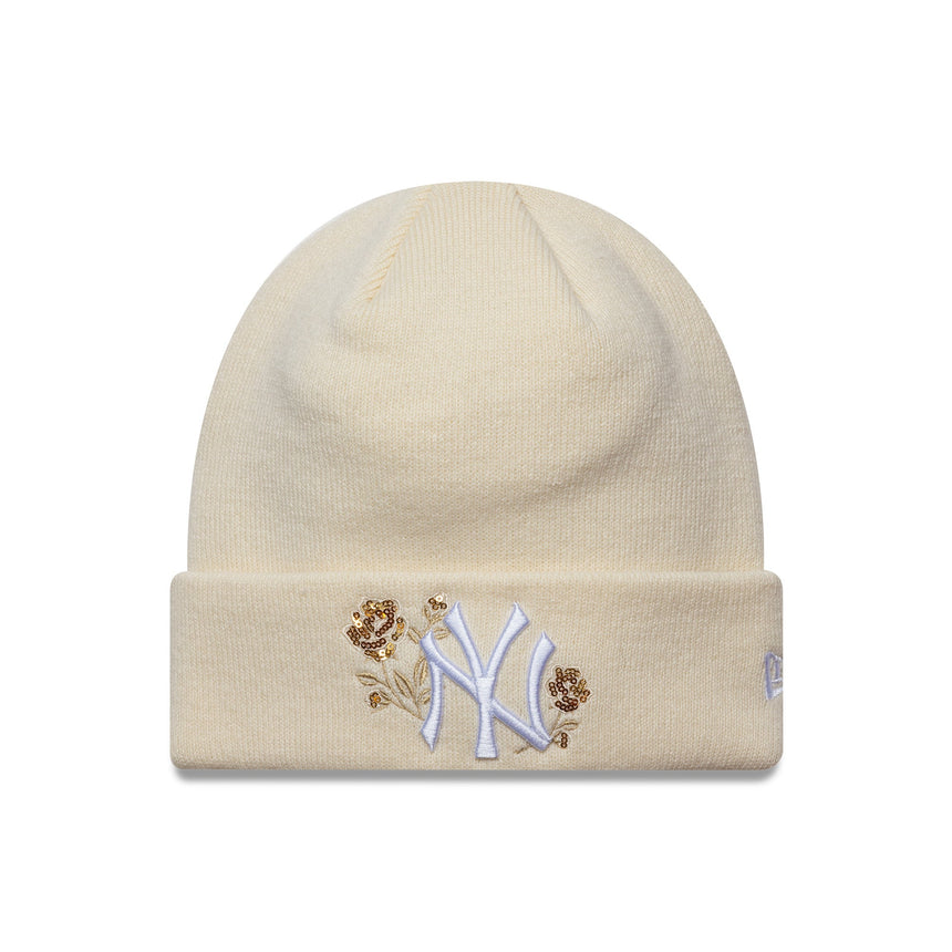 Czapka New York Yankees, róża z cekinów, dla kobiet, New Era, kremowa