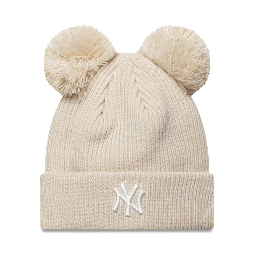 Czapka beanie New York Yankees, z podwójnym pomponem, dla kobiet, gładka, New Era, beżowa