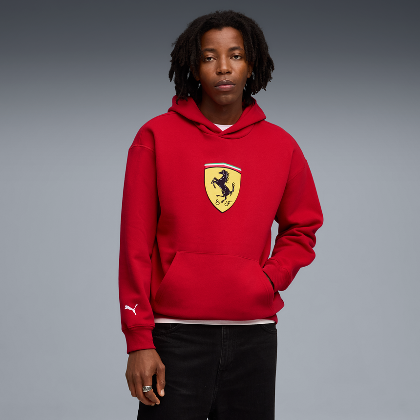 Bluza z kapturem Ferrari, Puma, odzież sportowa, logo tarczy, czerwona 🔥