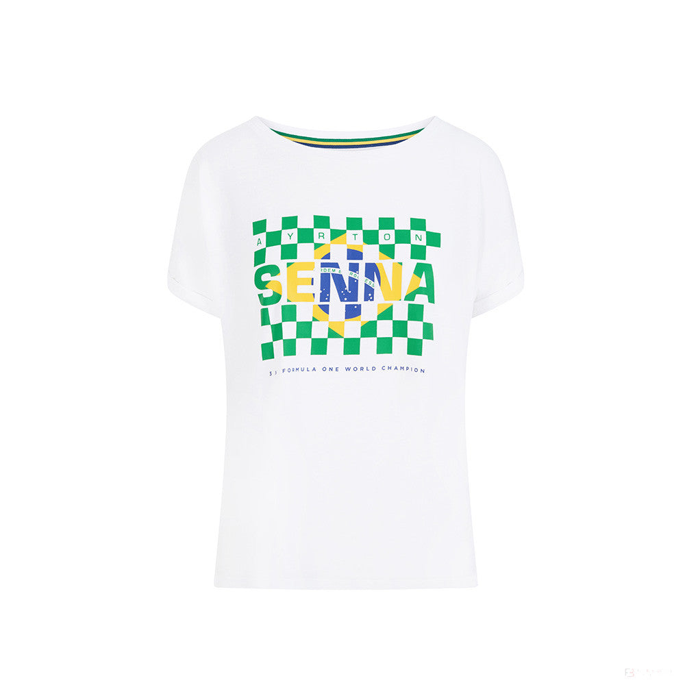 Dámské tričko Ayrton Senna, vlajka Brazílie, bílá, 2021 - FansBRANDS®