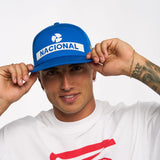 czapka Ayrton Senna, Nacional, oryginalna z 1984, z twardym etui z materiału, niebieska