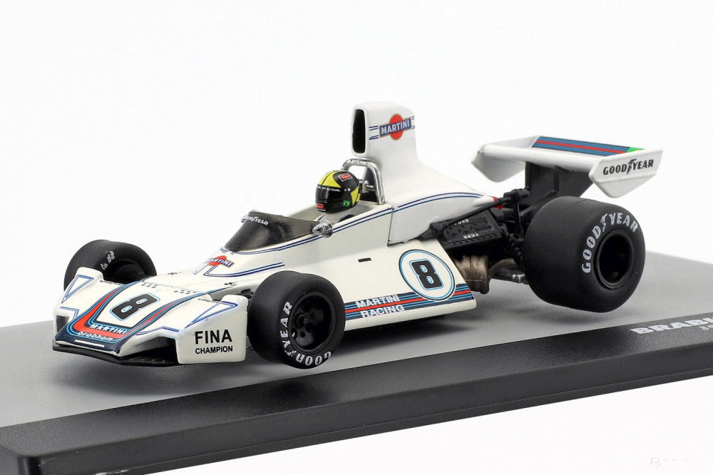 Model auta, Carlos Pace Brabham BT44B vítěz #8 Brazílie GP 1975, měřítko 1:43, bílá, 2019