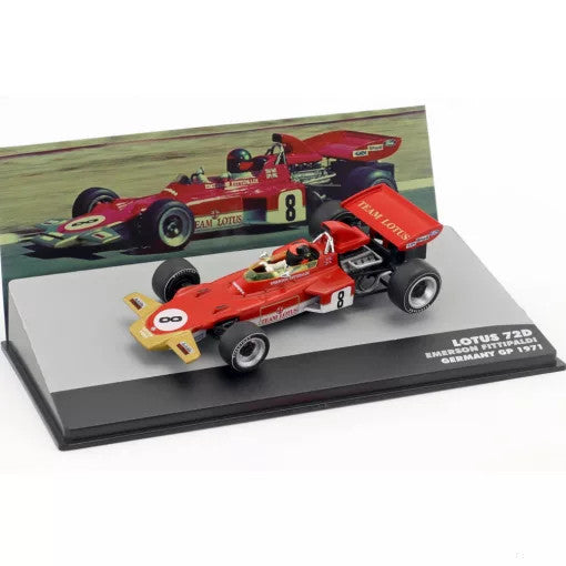 Model auta, Emerson Fittipaldi Lotus 72D #8 German GP 1971, měřítko 1:43, červená, 2019