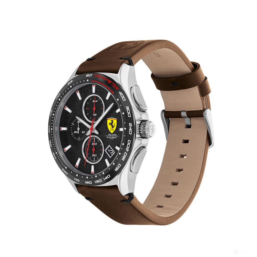 Scuderia Ferrari Watch Pilota Evo Chrono, Brown Leather Strap, 44Mm - FansBRANDS®