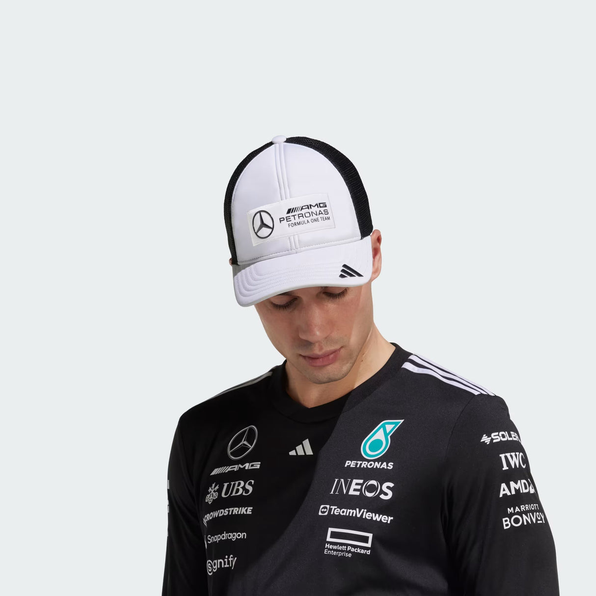 Czapka Mercedes, trucker, długie logo, biała 🔥