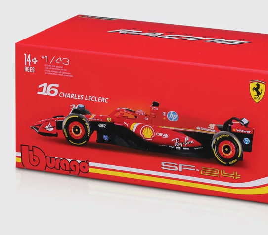 Model samochodu Ferrari, Charles Leclerc, SF-24, pudełko akrylowe, bburago, czerwony